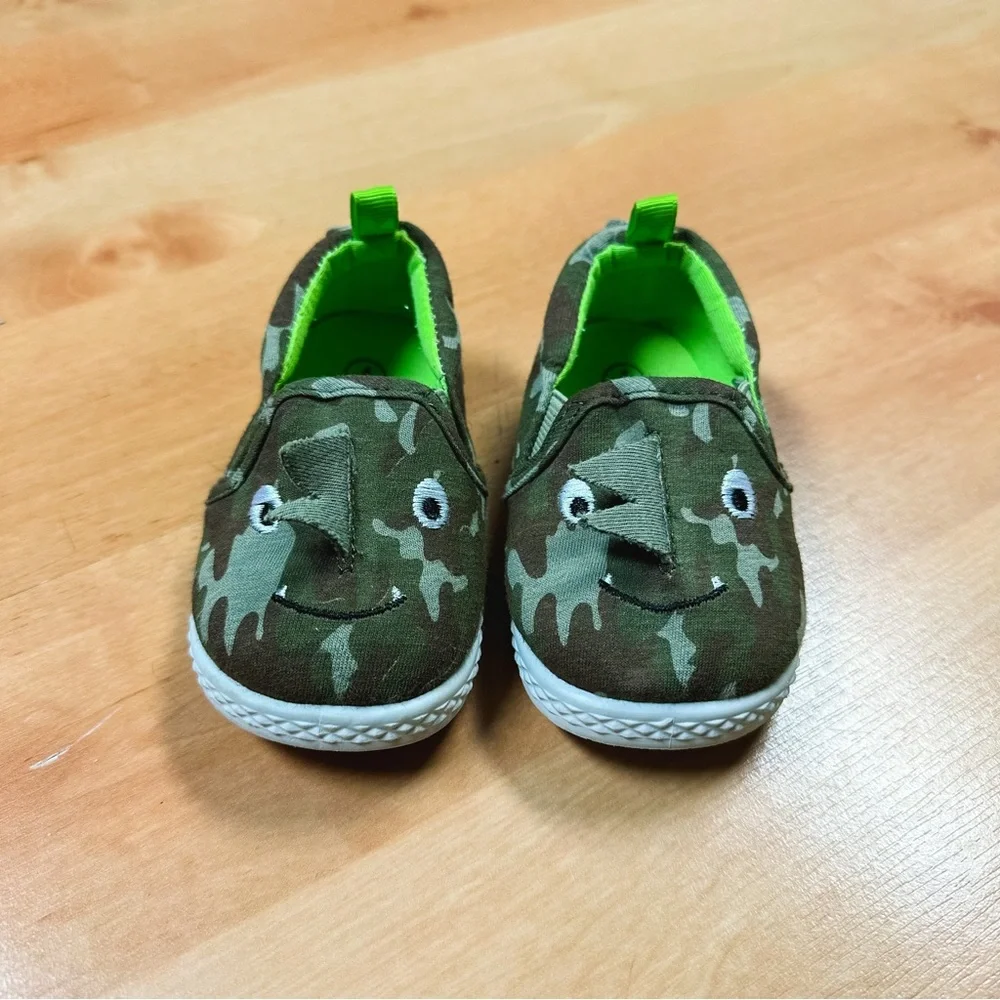 Wonder Nation Green Brown Camouflage Dinosaur Slip-on Sneakers Baby Boy Size 4